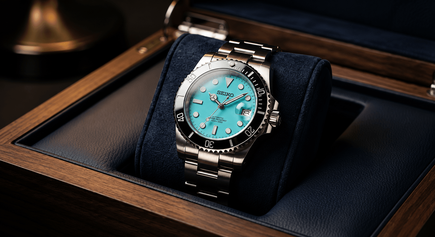 Seiko Mod com mostrador azul Tiffany e bezel estilo Submariner sobre almofada de veludo